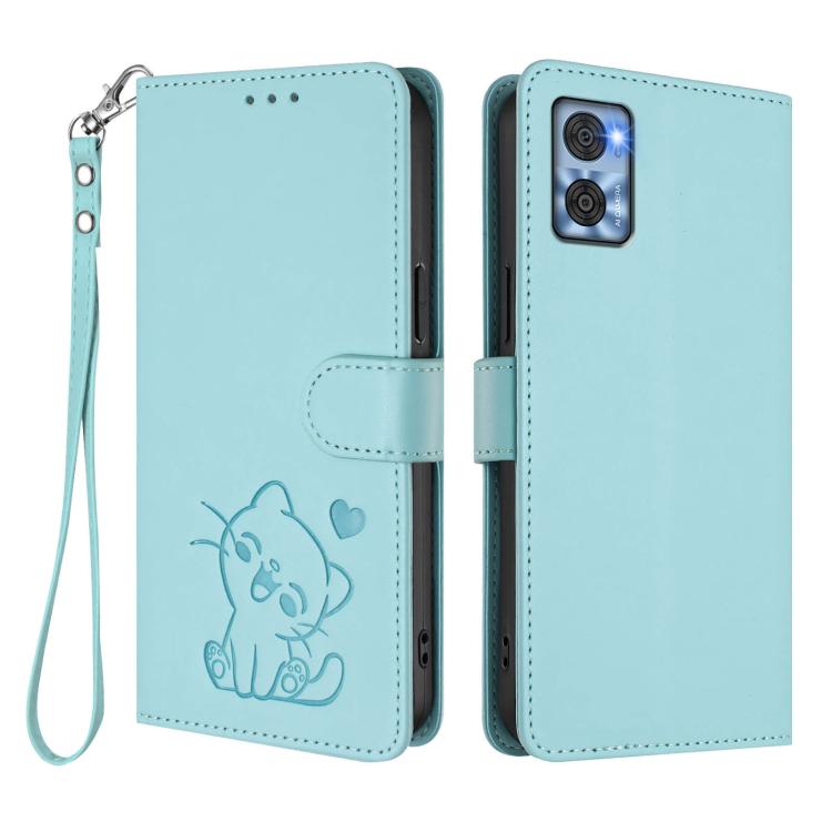 For Motorola Moto E22 4G / E22i 4G Embossed Heart Cat Leather Phone Case with Hand Strap