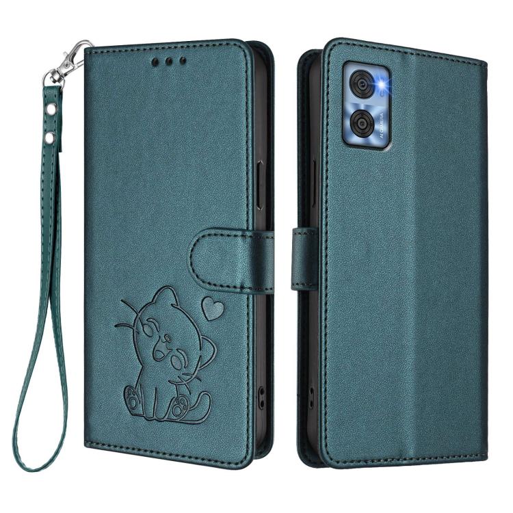 For Motorola Moto E22 4G / E22i 4G Embossed Heart Cat Leather Phone Case with Hand Strap