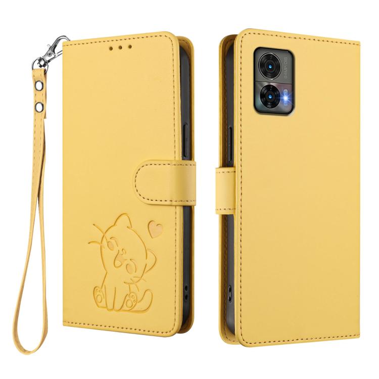 For Motorola Edge 30 Neo Embossed Heart Cat Leather Phone Case with Hand Strap