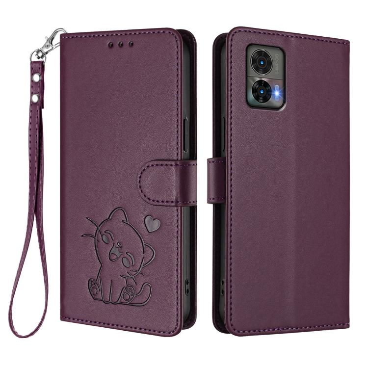 For Motorola Edge 30 Neo Embossed Heart Cat Leather Phone Case with Hand Strap