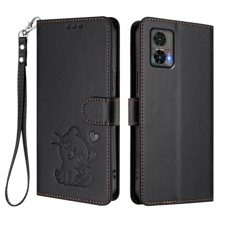 For Motorola Edge 30 Neo Embossed Heart Cat Leather Phone Case with Hand Strap