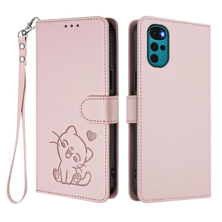 For Motorola Moto G22 4G / E32s Embossed Heart Cat Leather Phone Case with Hand Strap