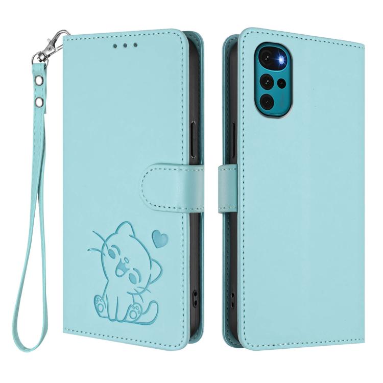 For Motorola Moto G22 4G / E32s Embossed Heart Cat Leather Phone Case with Hand Strap