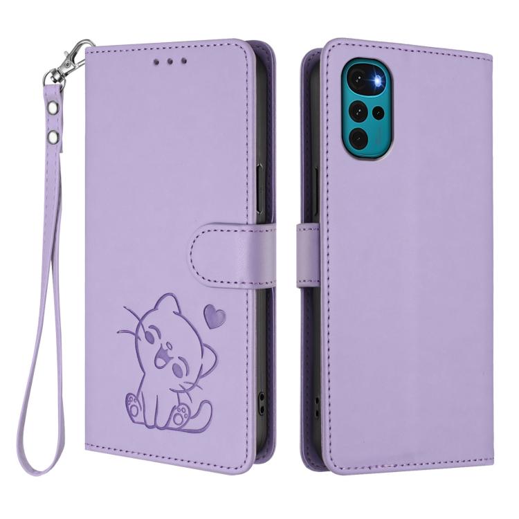For Motorola Moto G22 4G / E32s Embossed Heart Cat Leather Phone Case with Hand Strap