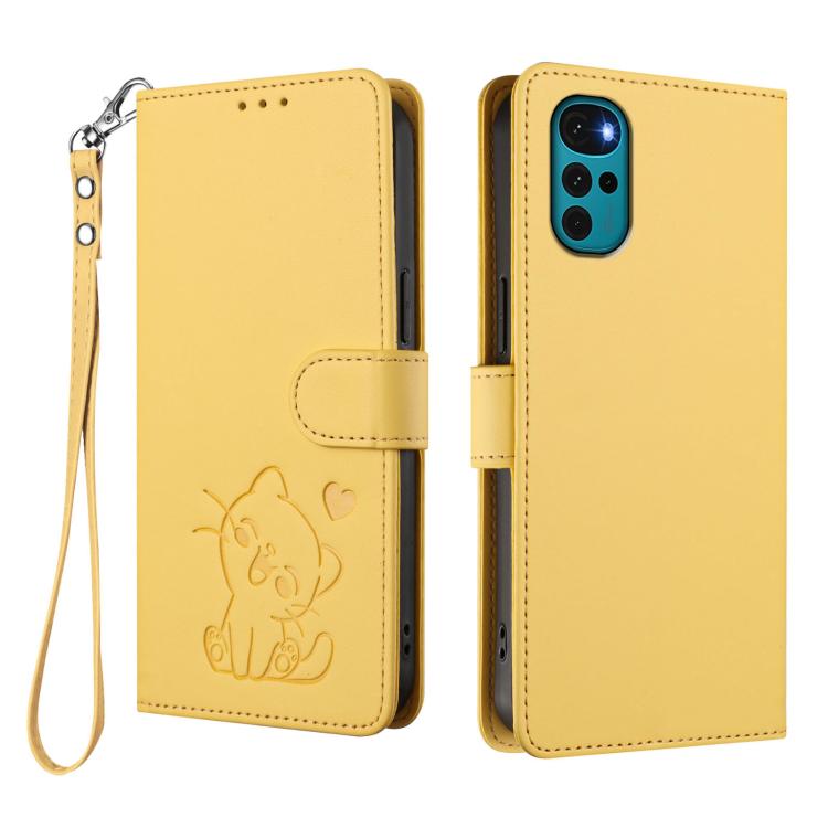 For Motorola Moto G22 4G / E32s Embossed Heart Cat Leather Phone Case with Hand Strap