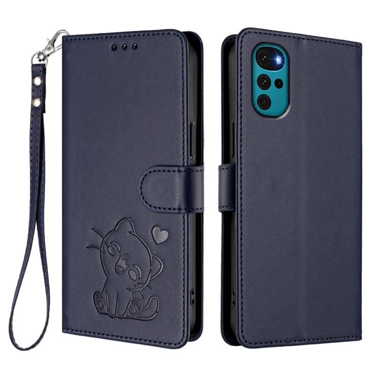 For Motorola Moto G22 4G / E32s Embossed Heart Cat Leather Phone Case with Hand Strap