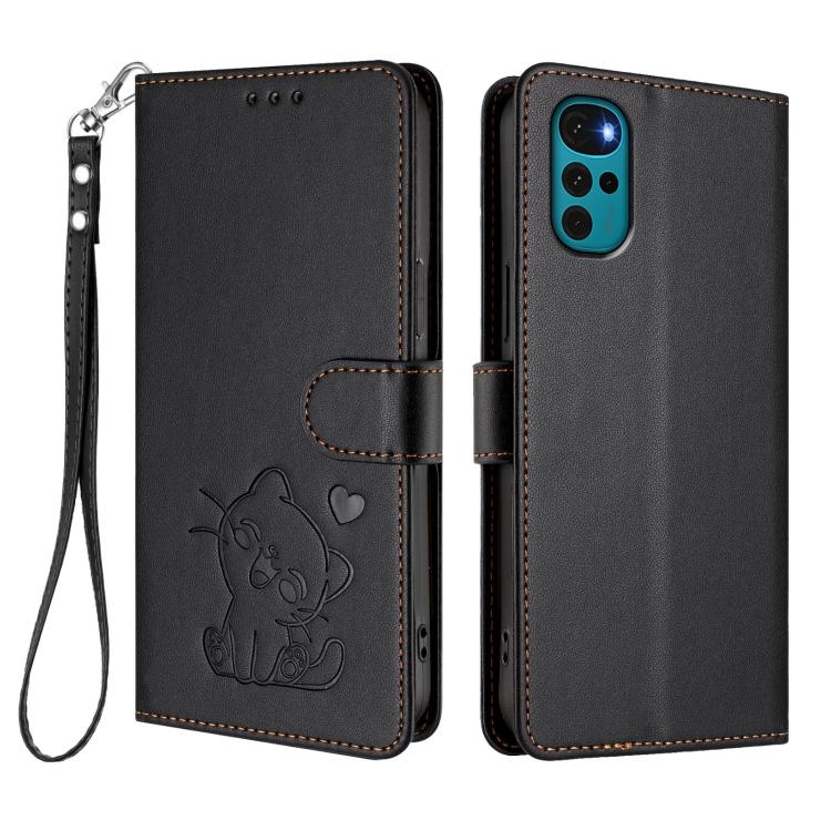 For Motorola Moto G22 4G / E32s Embossed Heart Cat Leather Phone Case with Hand Strap