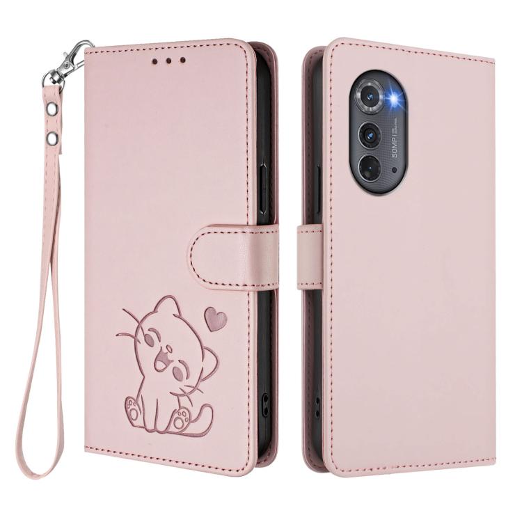 For Motorola Edge 2022 / Edge 5G UW Embossed Heart Cat Leather Phone Case with Hand Strap