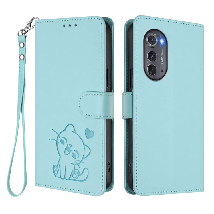 For Motorola Edge 2022 / Edge 5G UW Embossed Heart Cat Leather Phone Case with Hand Strap