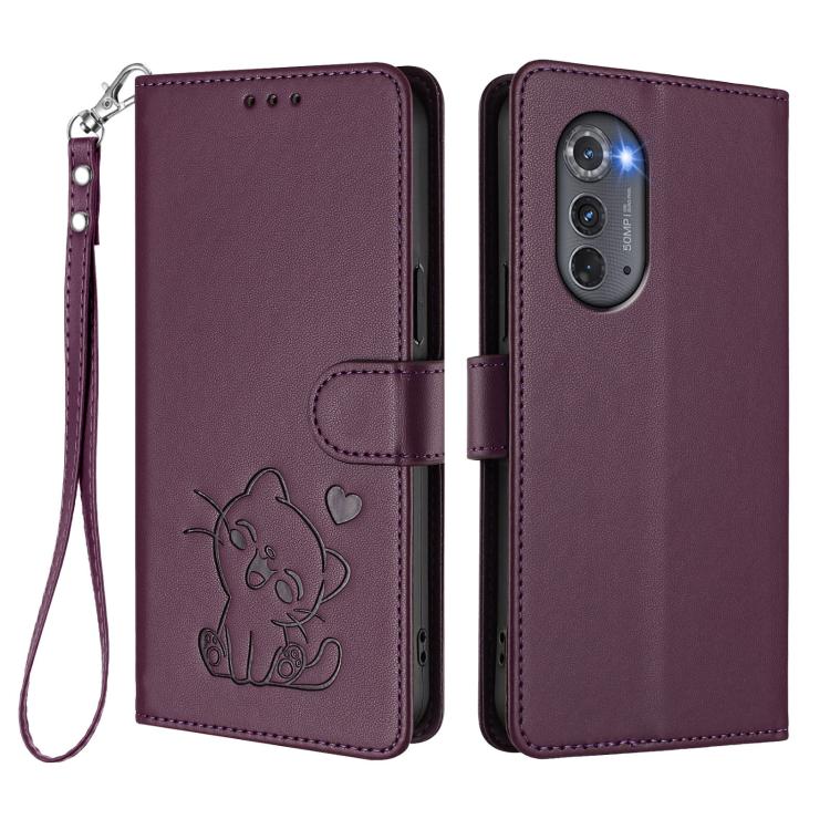 For Motorola Edge 2022 / Edge 5G UW Embossed Heart Cat Leather Phone Case with Hand Strap