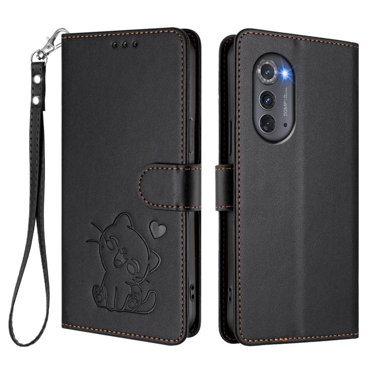 For Motorola Edge 2022 / Edge 5G UW Embossed Heart Cat Leather Phone Case with Hand Strap