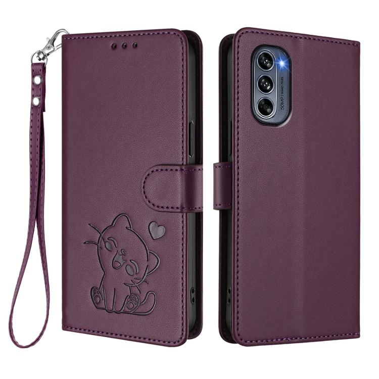 For Motorola Moto G62 5G Embossed Heart Cat Leather Phone Case with Hand Strap