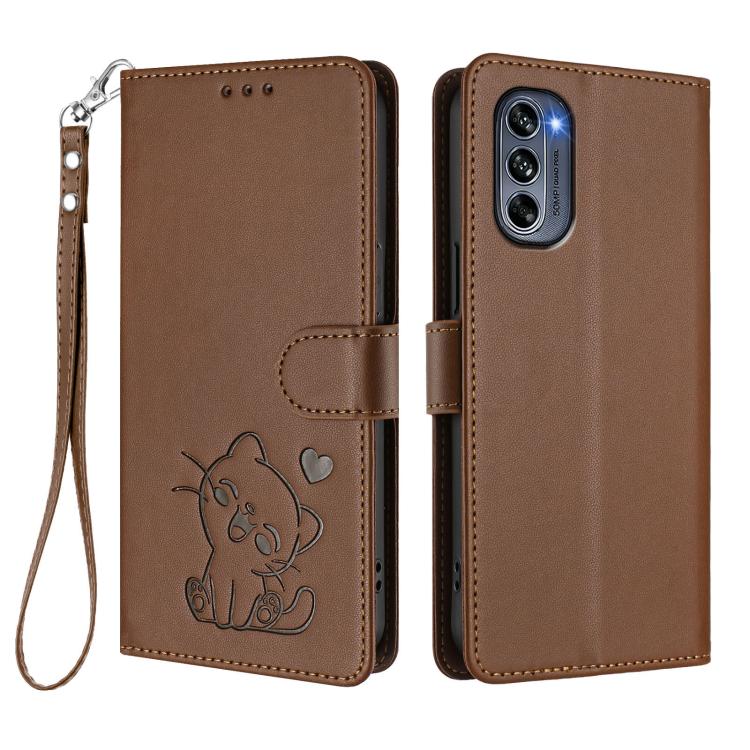For Motorola Moto G62 5G Embossed Heart Cat Leather Phone Case with Hand Strap
