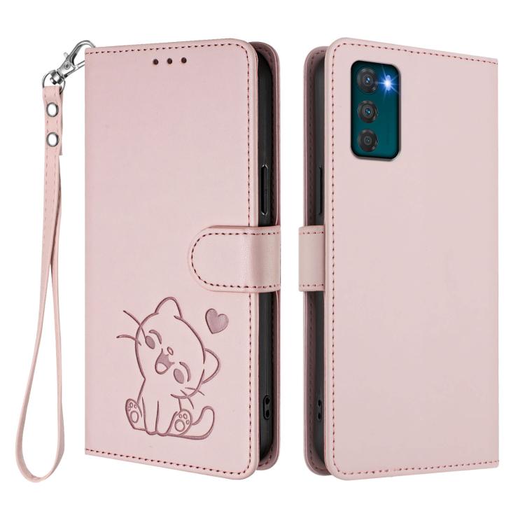 For Motorola Moto G42 4G Embossed Heart Cat Leather Phone Case with Hand Strap