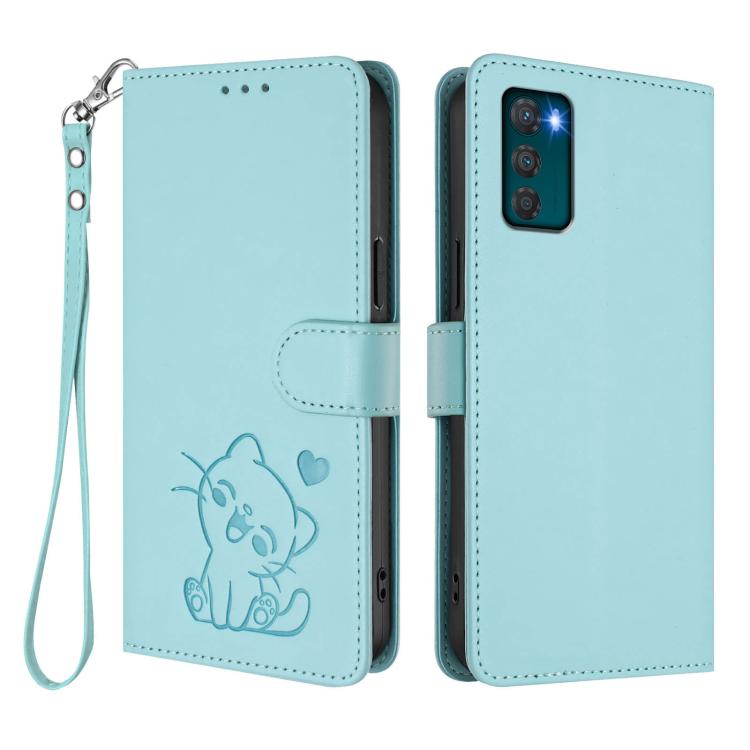 For Motorola Moto G42 4G Embossed Heart Cat Leather Phone Case with Hand Strap