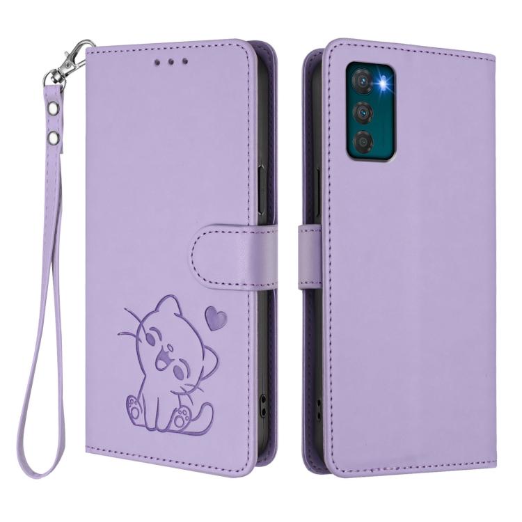 For Motorola Moto G42 4G Embossed Heart Cat Leather Phone Case with Hand Strap