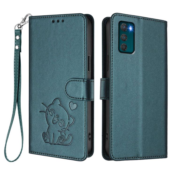 For Motorola Moto G42 4G Embossed Heart Cat Leather Phone Case with Hand Strap
