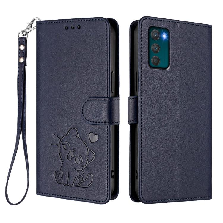 For Motorola Moto G42 4G Embossed Heart Cat Leather Phone Case with Hand Strap