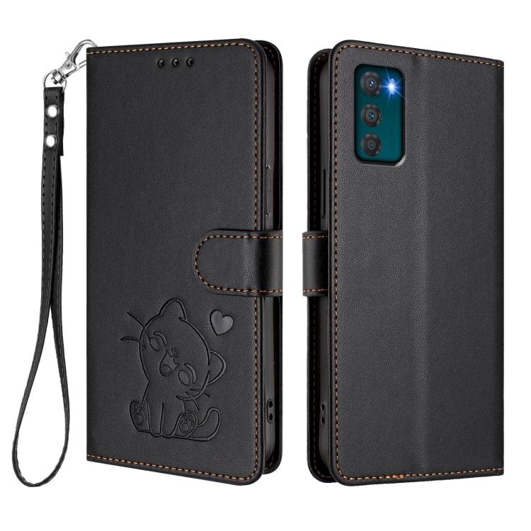 For Motorola Moto G42 4G Embossed Heart Cat Leather Phone Case with Hand Strap