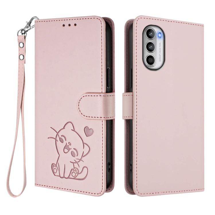 For Motorola Moto G52 4G / G82 5G Embossed Heart Cat Leather Phone Case with Hand Strap