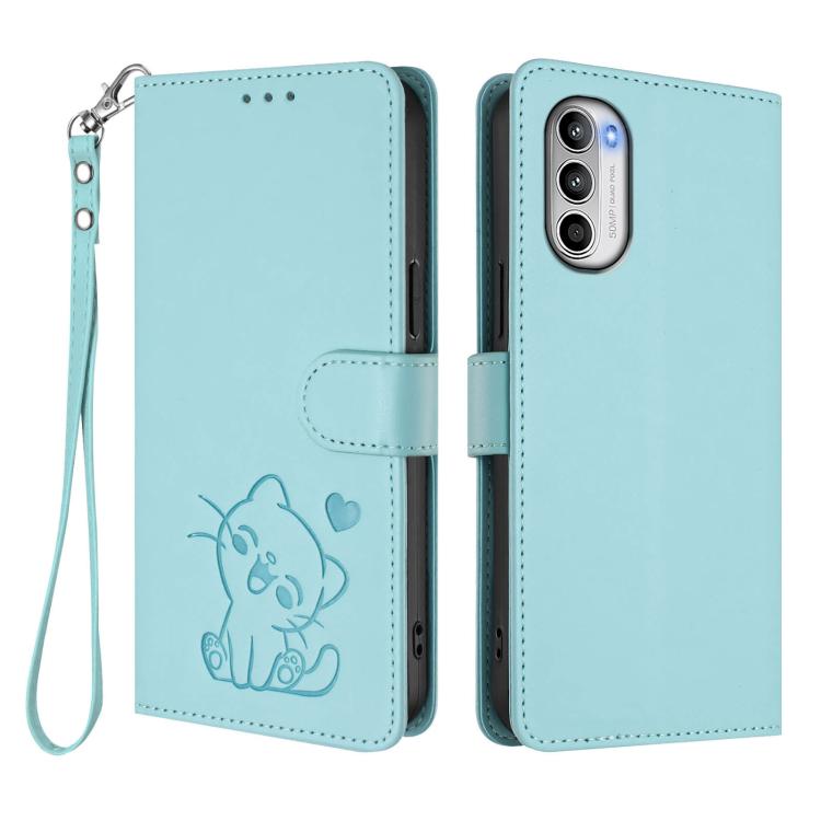 For Motorola Moto G52 4G / G82 5G Embossed Heart Cat Leather Phone Case with Hand Strap