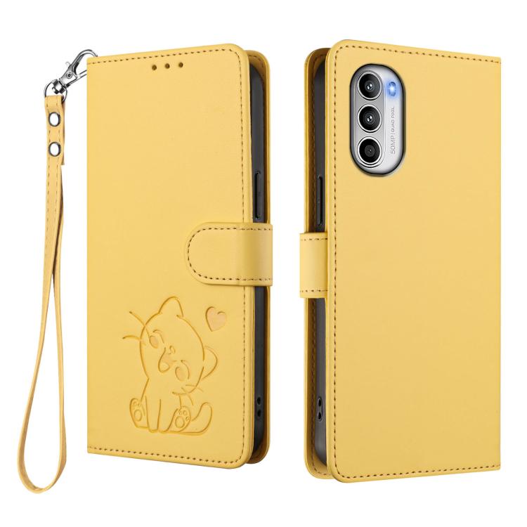 For Motorola Moto G52 4G / G82 5G Embossed Heart Cat Leather Phone Case with Hand Strap