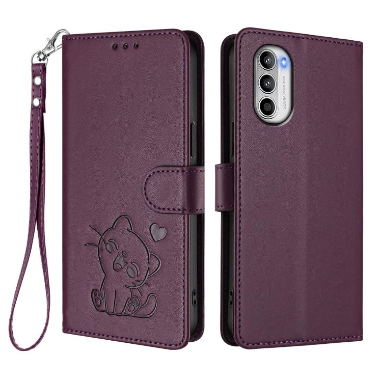 For Motorola Moto G52 4G / G82 5G Embossed Heart Cat Leather Phone Case with Hand Strap