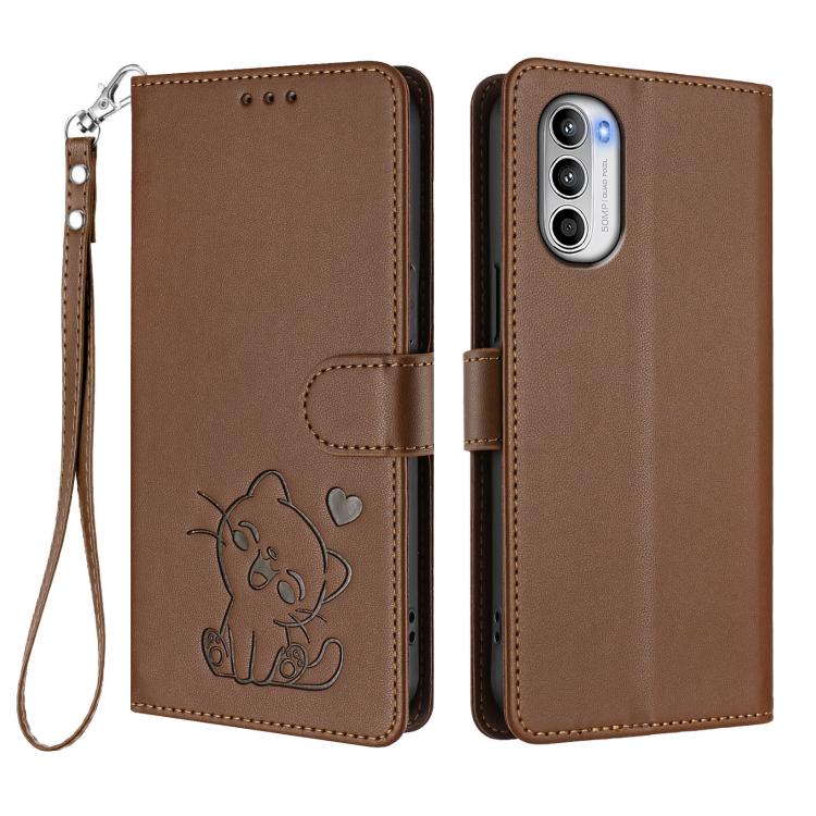 For Motorola Moto G52 4G / G82 5G Embossed Heart Cat Leather Phone Case with Hand Strap