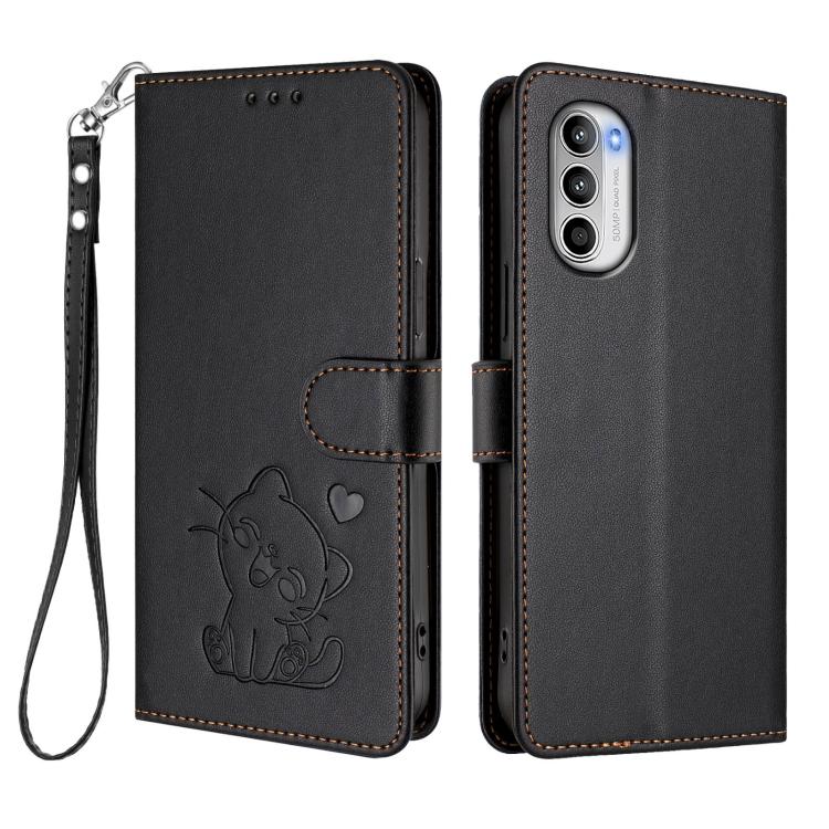 For Motorola Moto G52 4G / G82 5G Embossed Heart Cat Leather Phone Case with Hand Strap