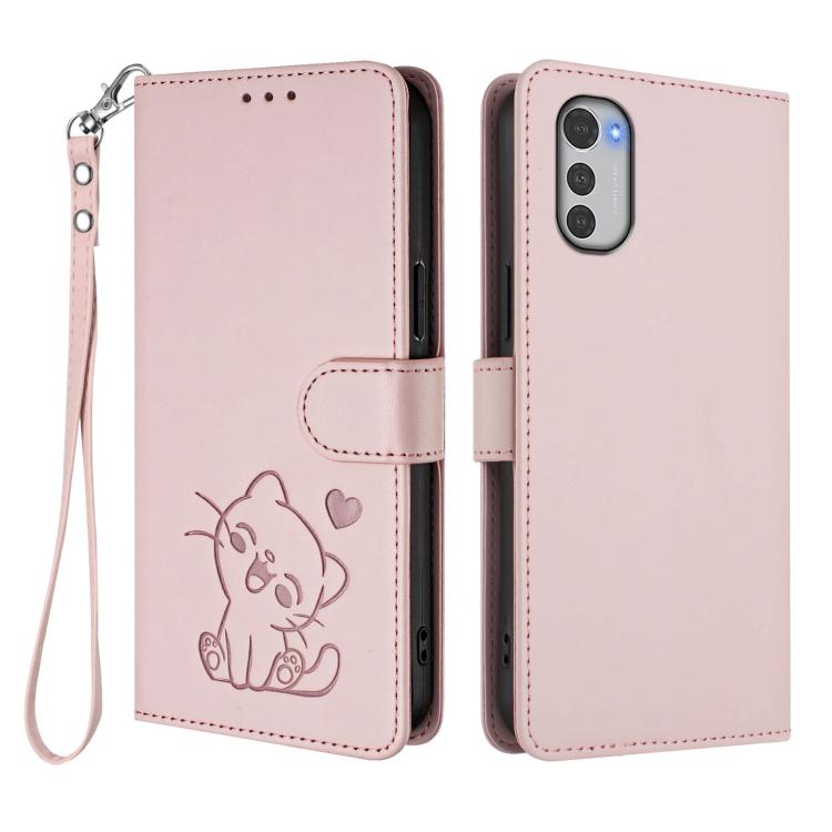 For Motorola Moto E32 4G Global Embossed Heart Cat Leather Phone Case with Hand Strap