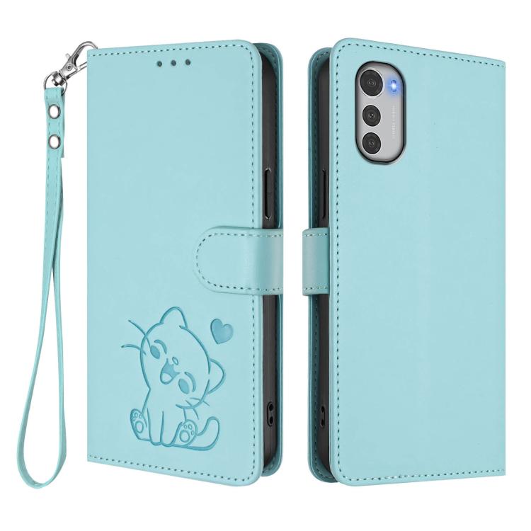 For Motorola Moto E32 4G Global Embossed Heart Cat Leather Phone Case with Hand Strap