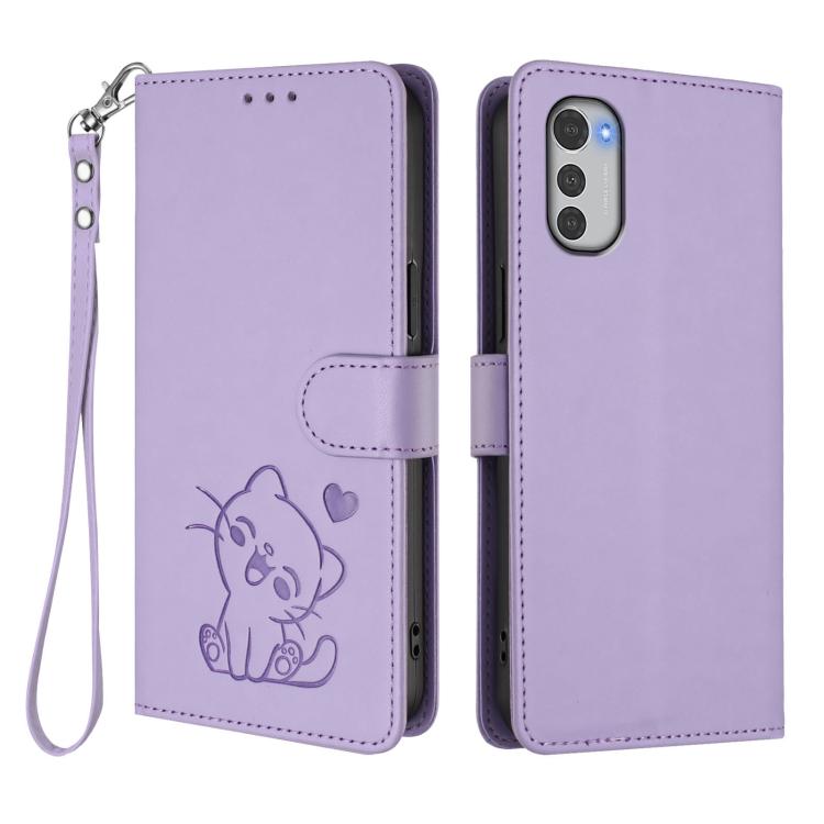For Motorola Moto E32 4G Global Embossed Heart Cat Leather Phone Case with Hand Strap