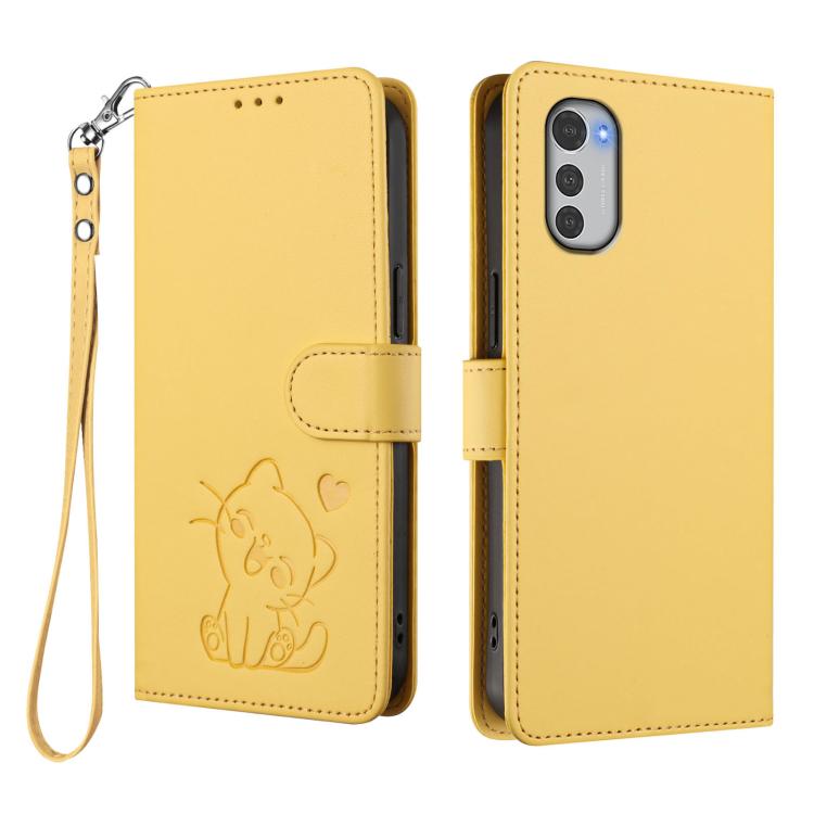 For Motorola Moto E32 4G Global Embossed Heart Cat Leather Phone Case with Hand Strap