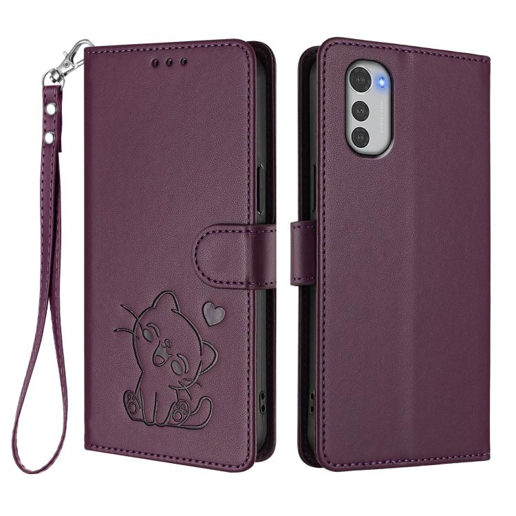 For Motorola Moto E32 4G Global Embossed Heart Cat Leather Phone Case with Hand Strap