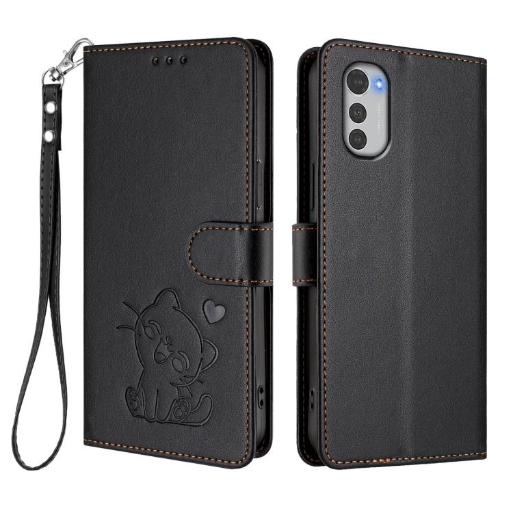 For Motorola Moto E32 4G Global Embossed Heart Cat Leather Phone Case with Hand Strap