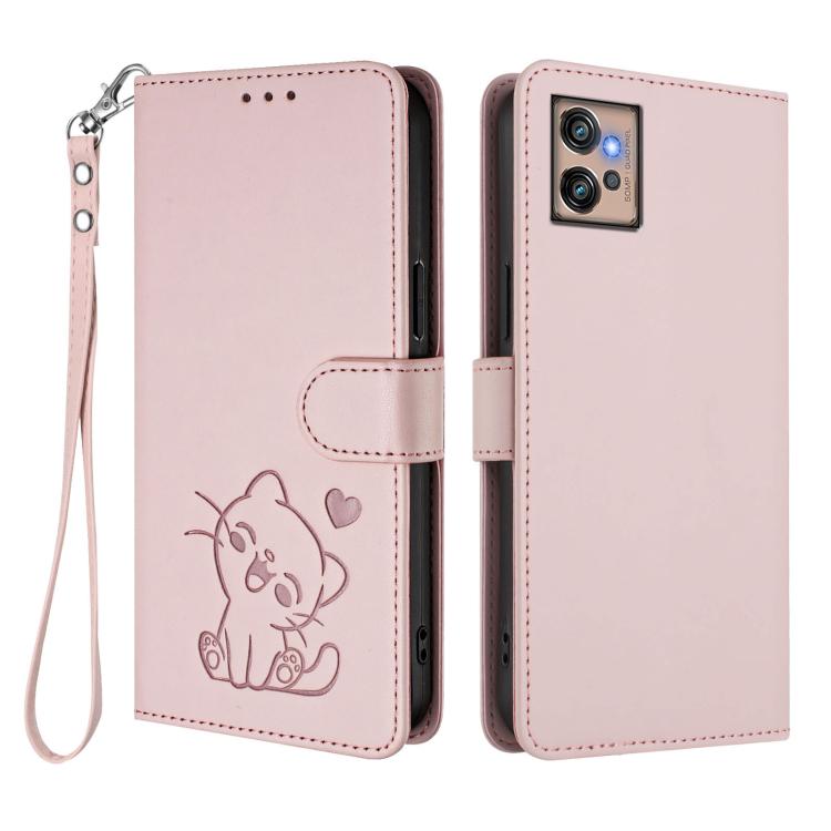 For Motorola Moto G32 Embossed Heart Cat Leather Phone Case with Hand Strap
