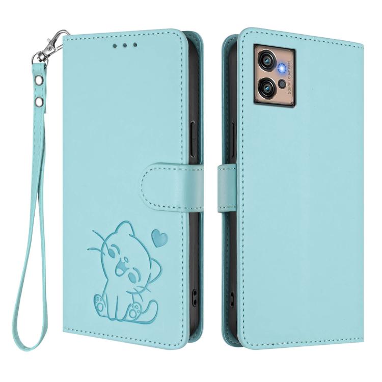 For Motorola Moto G32 Embossed Heart Cat Leather Phone Case with Hand Strap