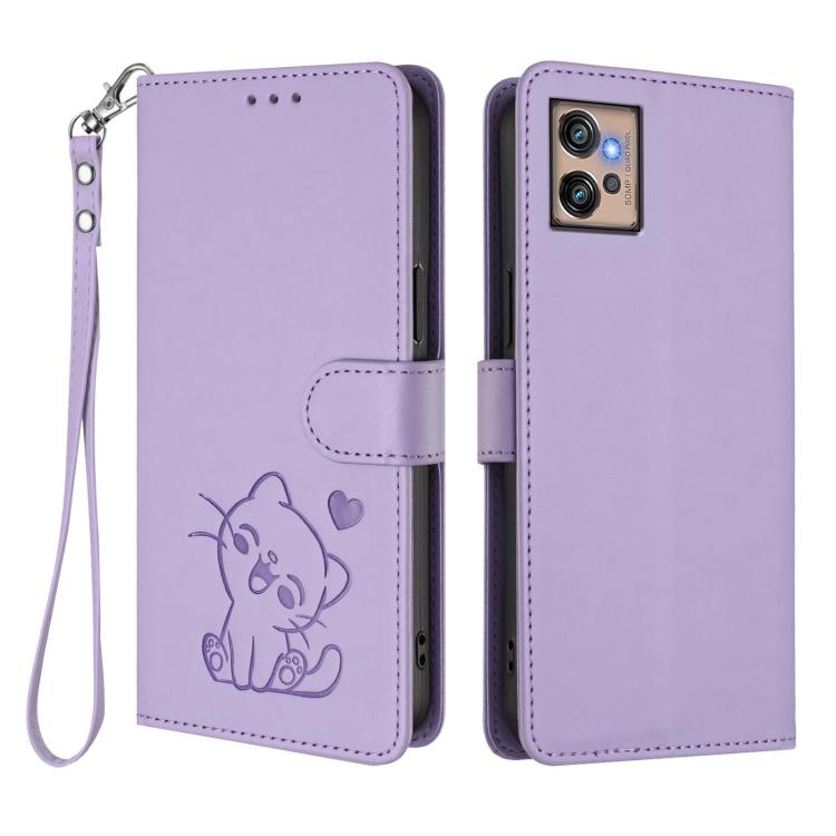 For Motorola Moto G32 Embossed Heart Cat Leather Phone Case with Hand Strap