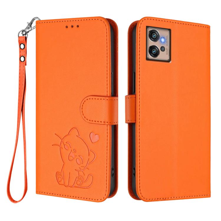 For Motorola Moto G32 Embossed Heart Cat Leather Phone Case with Hand Strap