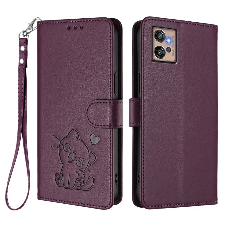 For Motorola Moto G32 Embossed Heart Cat Leather Phone Case with Hand Strap