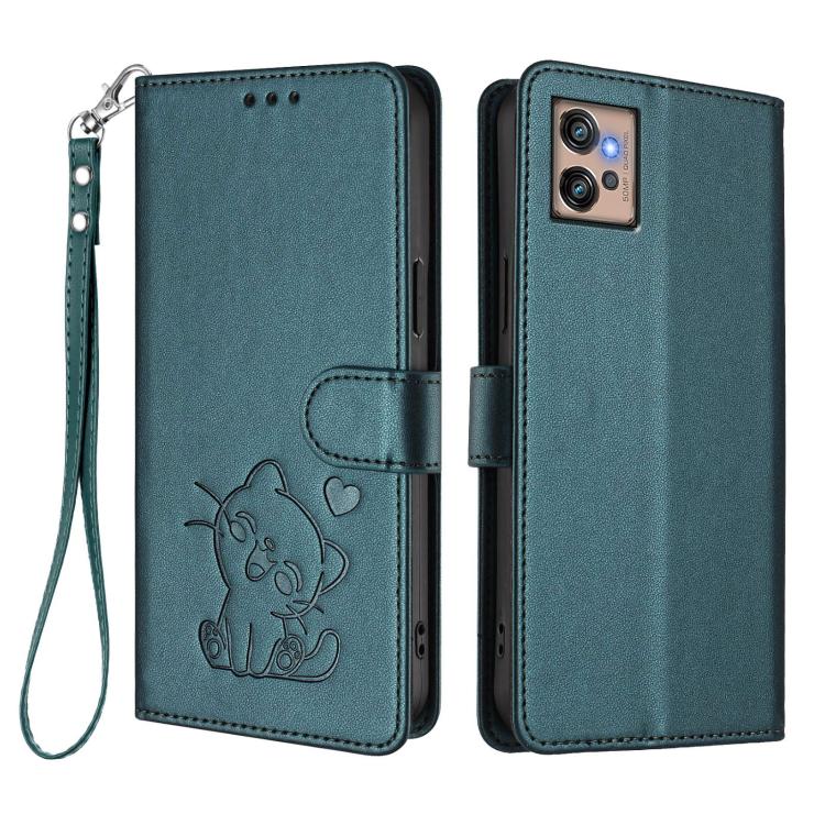 For Motorola Moto G32 Embossed Heart Cat Leather Phone Case with Hand Strap