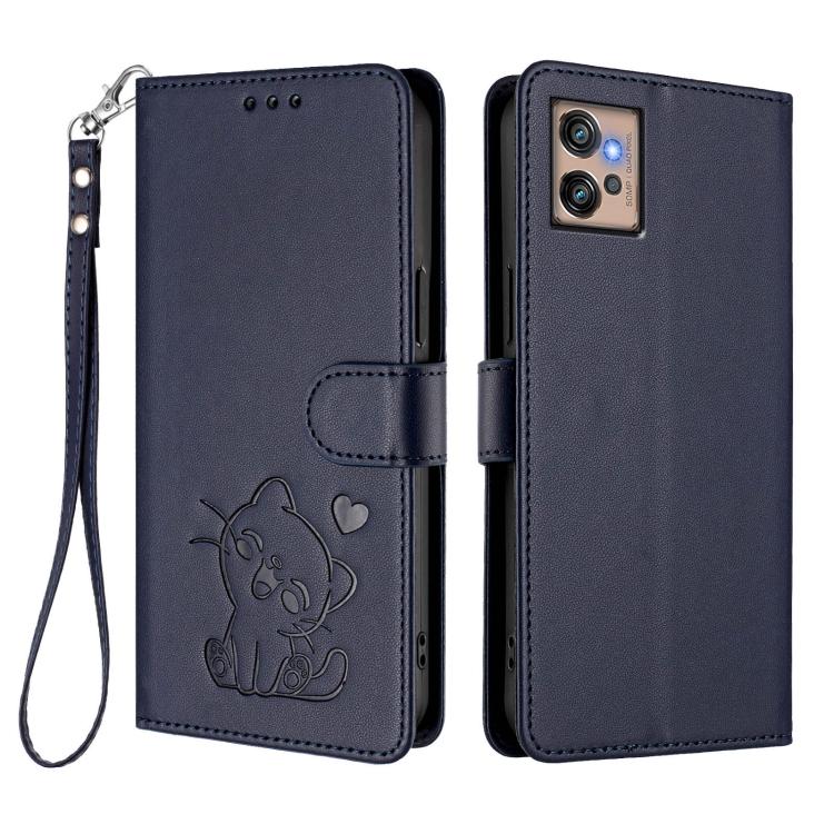 For Motorola Moto G32 Embossed Heart Cat Leather Phone Case with Hand Strap
