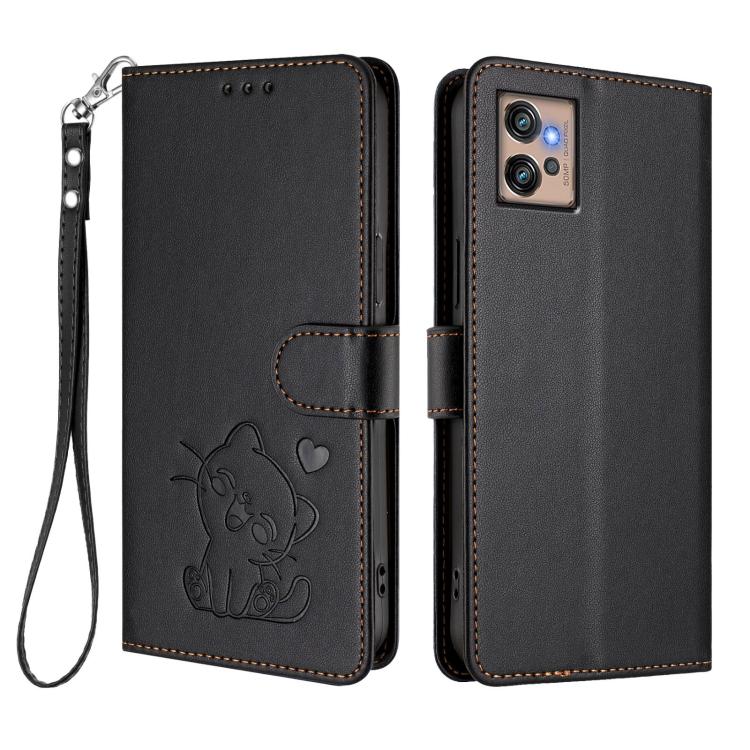 For Motorola Moto G32 Embossed Heart Cat Leather Phone Case with Hand Strap