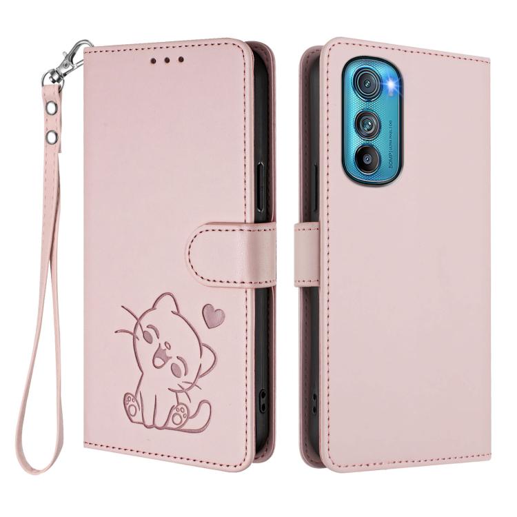 For Motorola Edge 30 Embossed Heart Cat Leather Phone Case with Hand Strap