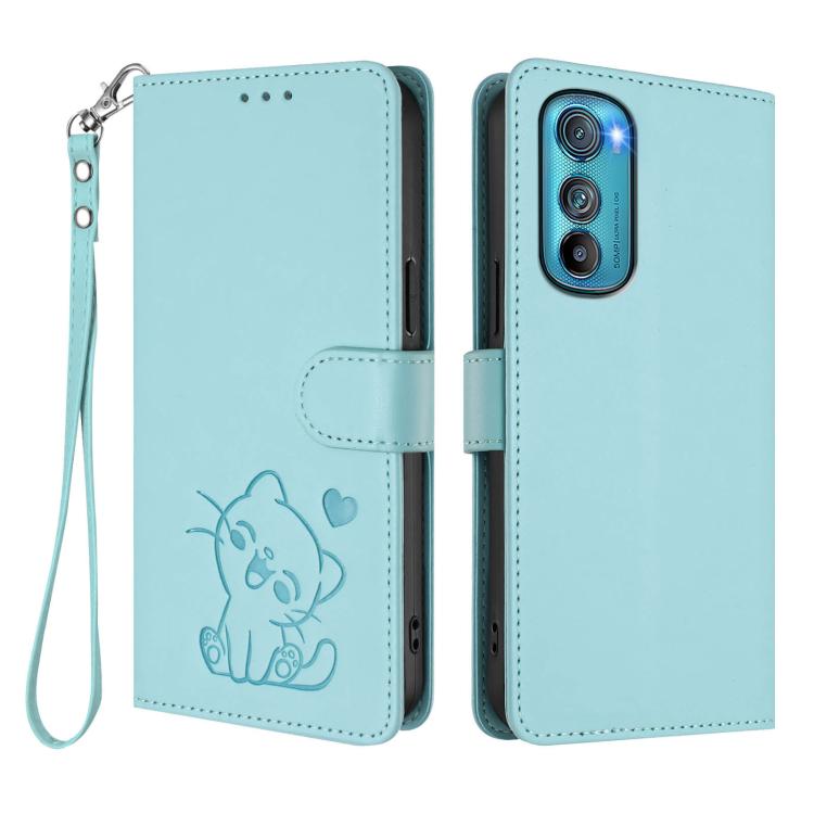 For Motorola Edge 30 Embossed Heart Cat Leather Phone Case with Hand Strap