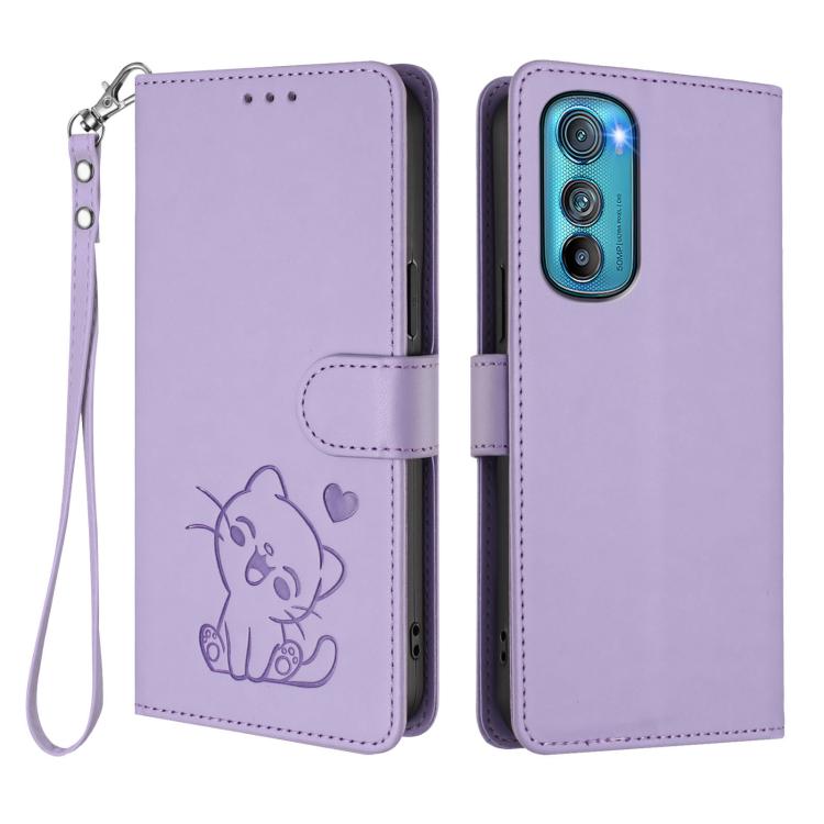 For Motorola Edge 30 Embossed Heart Cat Leather Phone Case with Hand Strap