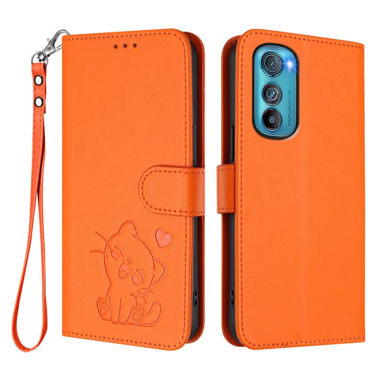 For Motorola Edge 30 Embossed Heart Cat Leather Phone Case with Hand Strap