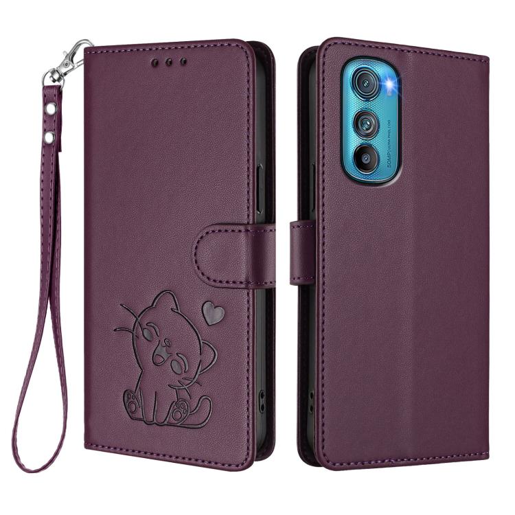 For Motorola Edge 30 Embossed Heart Cat Leather Phone Case with Hand Strap