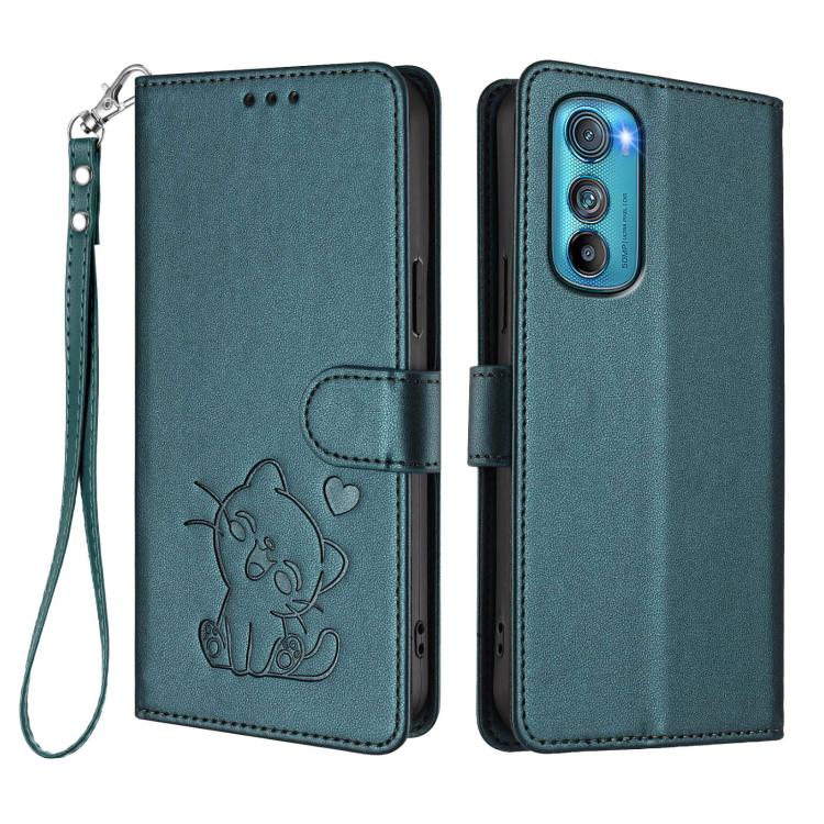 For Motorola Edge 30 Embossed Heart Cat Leather Phone Case with Hand Strap