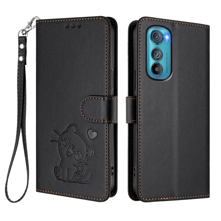 For Motorola Edge 30 Embossed Heart Cat Leather Phone Case with Hand Strap